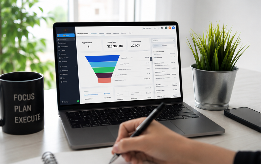 Laptop showing real estate pipeline dashboard on desk with plant and focus mug